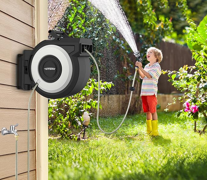 Tuyeho Retractable Garden Hose Reel 100FT, Wall Mount Heavy Duty Water Hose Reels with Automatic Slow Rewind System, Outdoor Hoses Reel with 2 Hose Nozzles for Garden Watering, Car Wash, Pet Shower