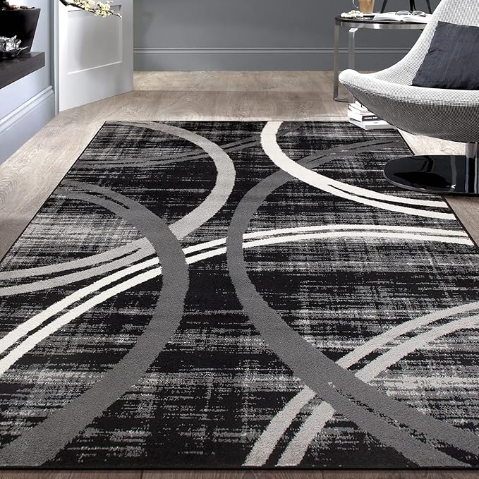 Rugshop Modern Wavy Circles Design Area Rug 5'3" x 7'3" Black