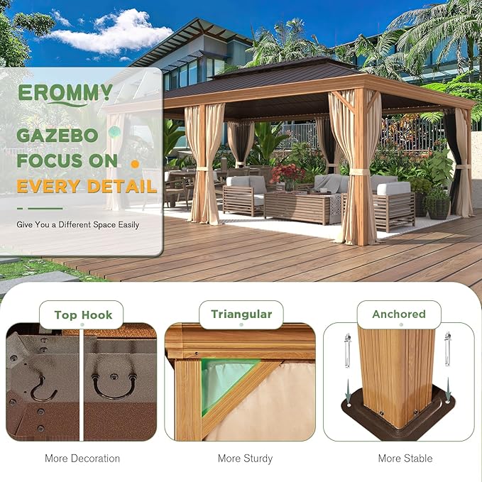 EROMMY 14'x20' Gazebo, Galvanized Steel Double Roof with Wood Grain Aluminum Frame, Outdoor Permanent Metal Pavilion with Curtains and Nettings for Patio, Backyard and Deck