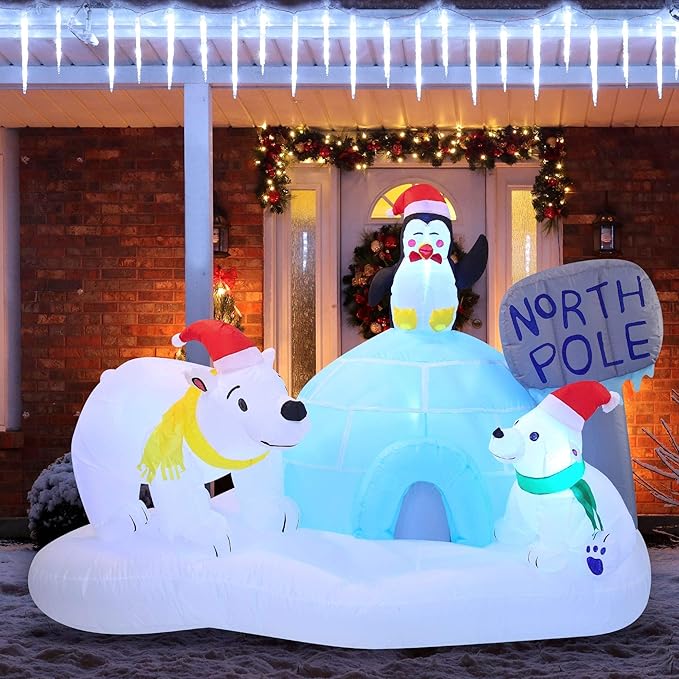 Joiedomi 6 FT Long Christmas Inflatable North Pole with Build-in LEDs, Blow Up Inflatable Polar Bears & Penguin for Xmas Party Indoor, Outdoor, Yard, Garden, Lawn Décor, Holiday Season Decorations