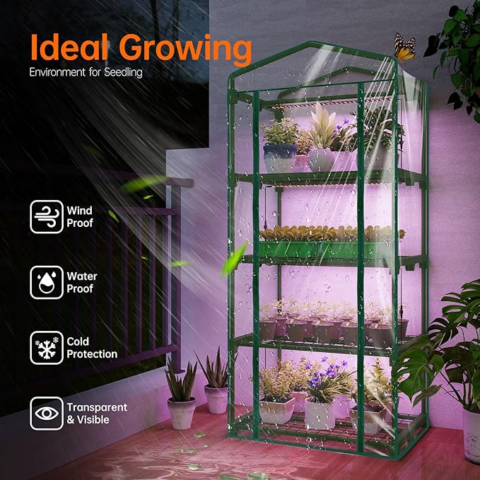 Bstrip Indoor Greenhouse with Grow Lights, 4 Tier 27.2" L×19.9" W×61.8" H Mini Greenhouse with Zippered PVC Cover for Seed Starting Trays, Dimmable 2FT 60W Plant Light for Indoor Plants with Timer