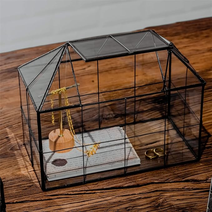 NCYP Glass Terrarium Planter with lid for Small Succulent Cacti - 9.84" x 5.31" x 7.87" Grid House Shape Geometric Planter Pot, Home Garden Indoor Tabletop Decor, Black (No Plants)