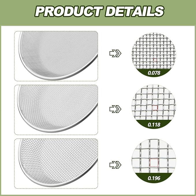 Yaomiao 3 Pack Stainless Steel Sand Sifter Garden Soil Sifter for Rocks Compost Sieve Garden Potting Lawn Soil Sieve for 5 Gallon Bucket, 0.08/0.12/0.2 Inch Mesh Screen