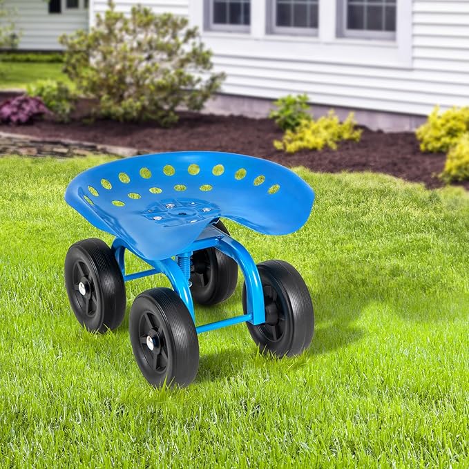 Rolling Garden Seat, Garden Cart with 360° Swivel Work Seat & Adjustable Height, Heavy Duty Garden Seat with Wheels for Lawn Yard Patio Greenhouse Planting Cleaning (Blue)