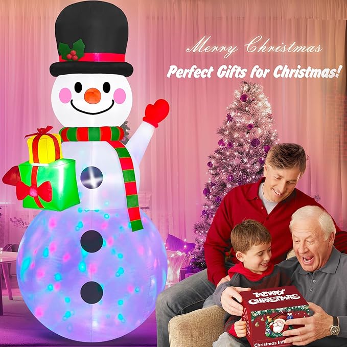 Danxilu 8 FT Christmas Inflatable Snowman Outdoor Decoration, Built-in Colorful LED Lights Xmas Inflatable Snow Man with Gift Box Blow Ups Yard Decoration for Outside Garden Lawn Holiday Party Decor