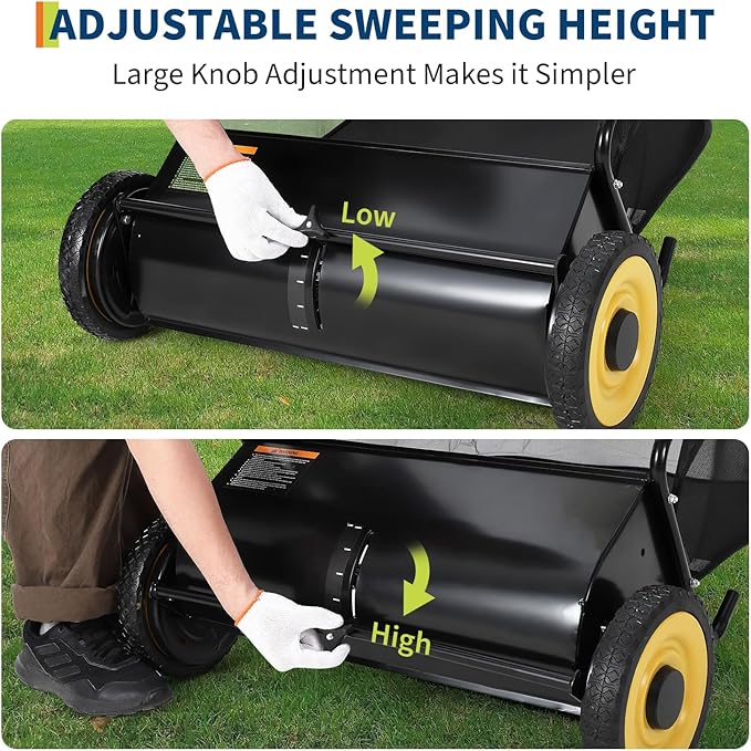 GAOMON 26-Inch Push Lawn Sweeper, Grass, Lawn and Leaf Cleanup Collector with Large 7 cu. ft. Hopper Bag, and Dual Spinning Brushes, Black