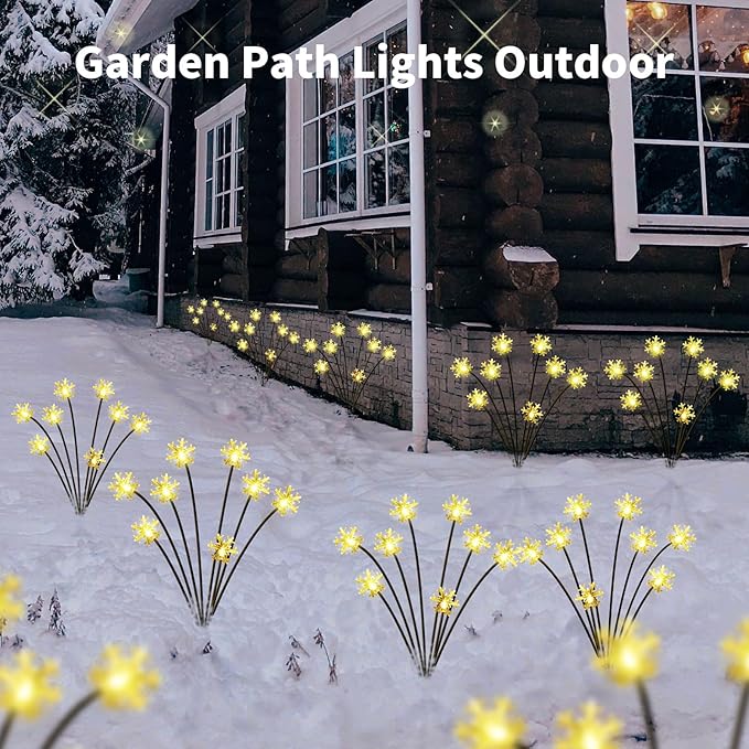 Set of 4 Snowflake Solar Christmas Decorations, 8 Modes Swaying Garden Lights, Outdoor Pathway Solar Christmas Stake Lights, Upgraded Base on Firefly Light for Lawn Decor (Warm White)