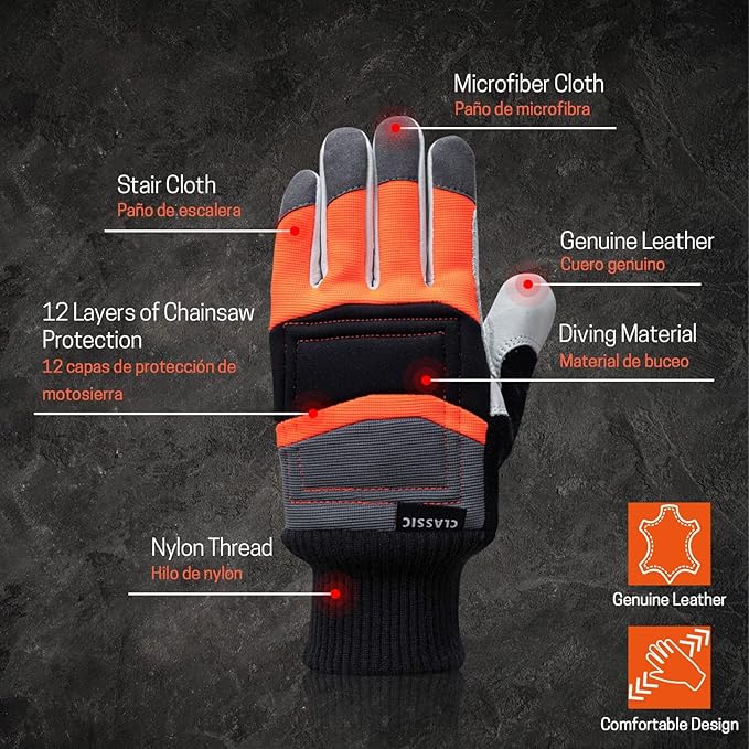 Chainsaw Gloves - Anti-Cut Leather with 12-Layer Chainsaw Protection on Back of Left Hand Only, Classic