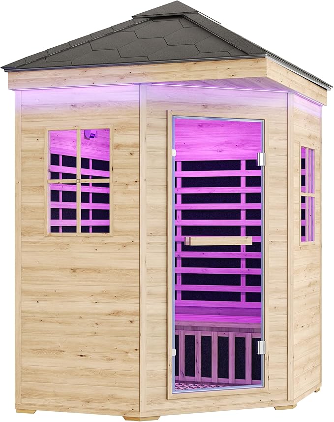 Albott Outdoor Sauna 4 Person, Infrared Saunas for Home, Low EMF 2850W/240V Spruce Wood Dry Sauna with Tourmaline Stone Foot Warmer, 7-Color Light Therapy & 2 Bluetooth Speakers, 59.1"x59.1"x98.4"