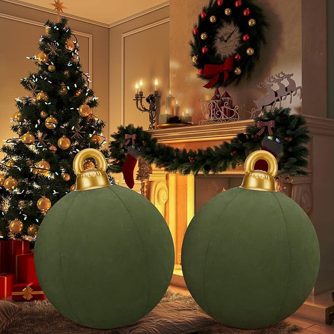 Jetec 3 Pcs 32 Inch Giant Velvet Christmas Inflatable Balls Ornament Flocked Xmas PVC Inflatable Flocked Ball Ornaments for Christmas Holiday Outdoor Blow up Yard Decor(Green)