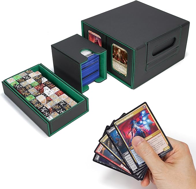 AFIING Commander Deck Box for MTG, Holds 400+ Double-Sleeved Cards, 4 Removable Deck Cases with Display Window, Dice Tray/Handle,Trading Card Storage Organizer/Dividers for TCG (Black Green)