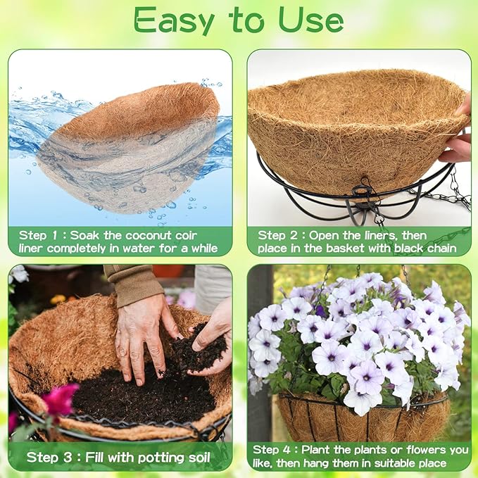 ZeeDix 6 Pack 12 Inch Metal Round Hanging Planter Basket with Coconut Liners Replacement, Hanging planters Baskets with Natural Coco Liner for Outdoor Indoor Planters Flowers Vegetables