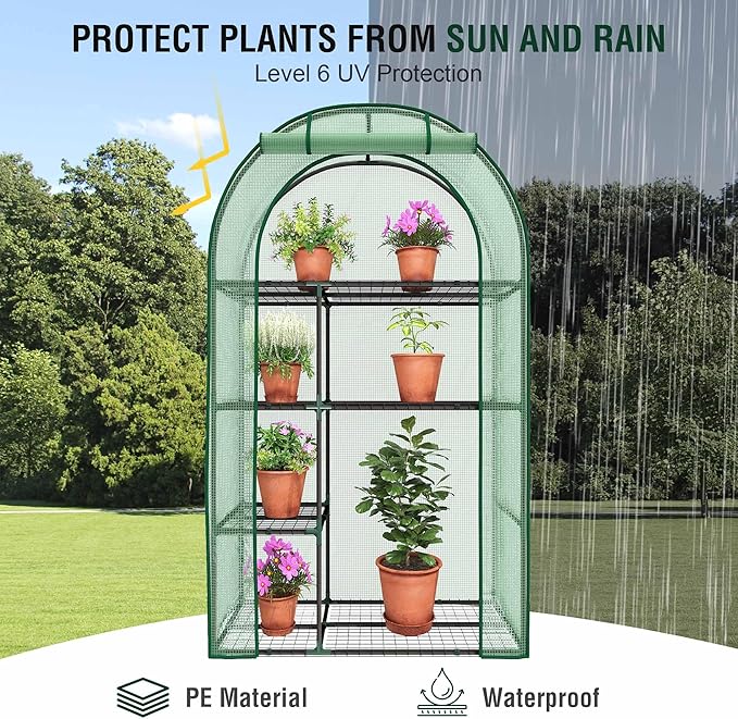 4-Tier Mini Greenhouse, 40 x 18 x 63 inch Steel Frame and PE Cover Plastic Plant Rack Stand Green House with Plant Repotting Mat for Indoor & Outdoor Use (Clear and Green)