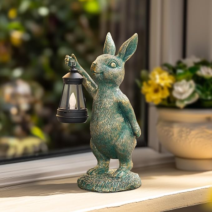 MININOVA Rabbit Garden Statues with Solar Lantern Bunny Outdoor Resin Sculpture for Patio Yard Lawn Decorations Gifts for Mother’s Day Housewarming Christmas