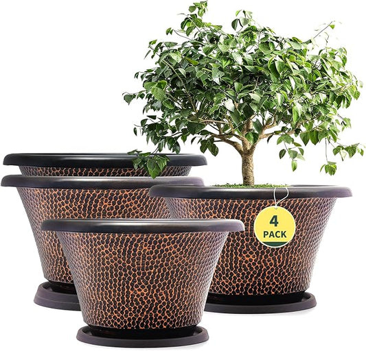 Quarut 11.8 Inch Pots for Plants,4 Pack Large Plant Pot,Flower Pots with Drainage Hole & Saucer,Modern Planters for Indoor Outdoor Plants,Decorative Resin Garden Pots for Planting Medium Large Plants