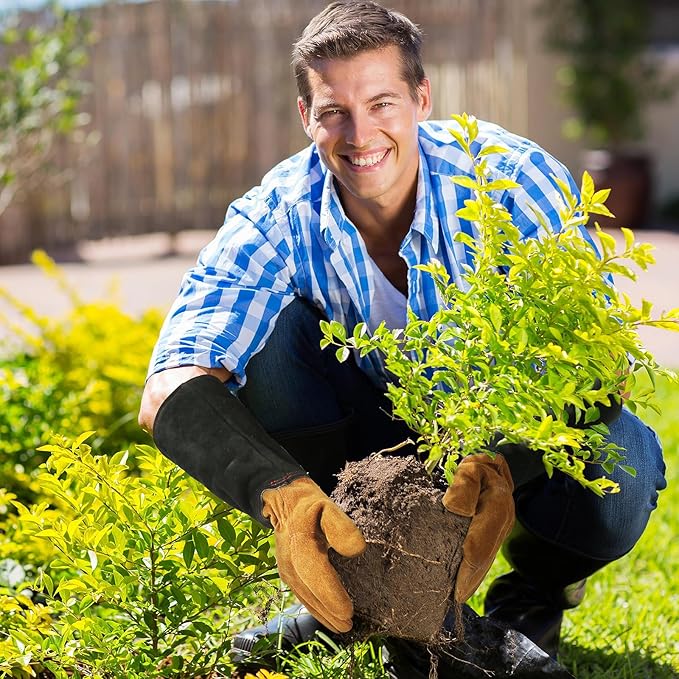 HANDLANDY Ladies Leather Gardening Gloves, Thorn Proof Women Long Rose Gloves (Black-brown, Large (Pack of 1))