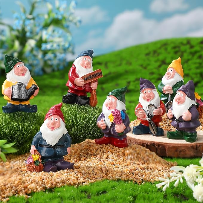 Unittype 19 Pcs Miniatures Fairy Gnome Resin Figures Garden Accessories Mushroom House Figures Fake Pond Lawn Bridge Figurines Terrarium Ornaments Garden Decoration for Outside(Gnome)