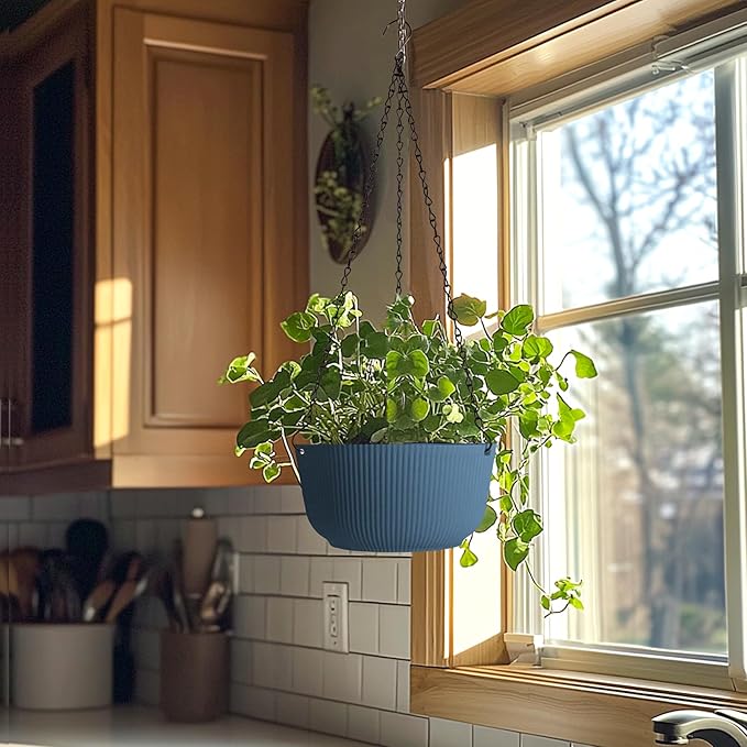 T4U 8 Inch Hanging Planters for Indoor Outdoor Plants, Self Watering Hanging Pot Pack of 2, Hanging Pots with Drainage Hole & Plug & Chain with 3 Hooks for Garden Home Decor, Blue