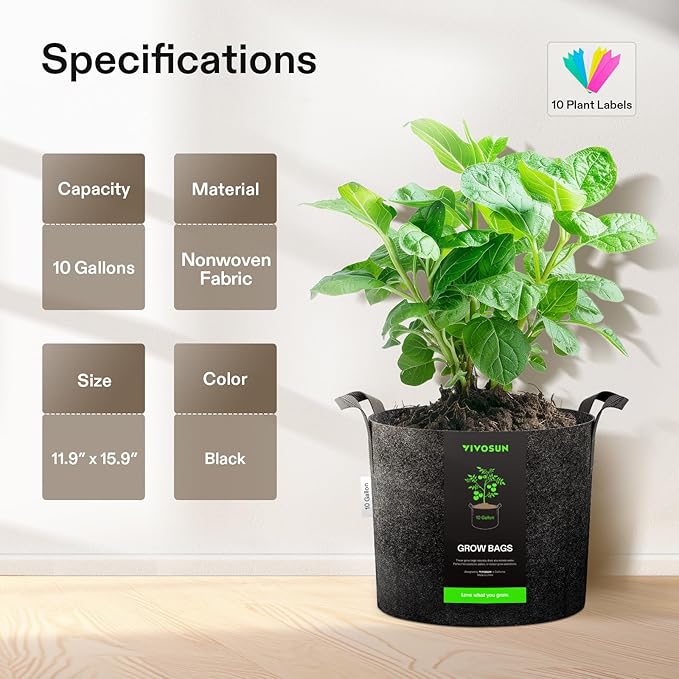 VIVOSUN 10-Pack 10 Gallon Grow Bags, Reinforced Planter Fabric Pots for Gardening Black