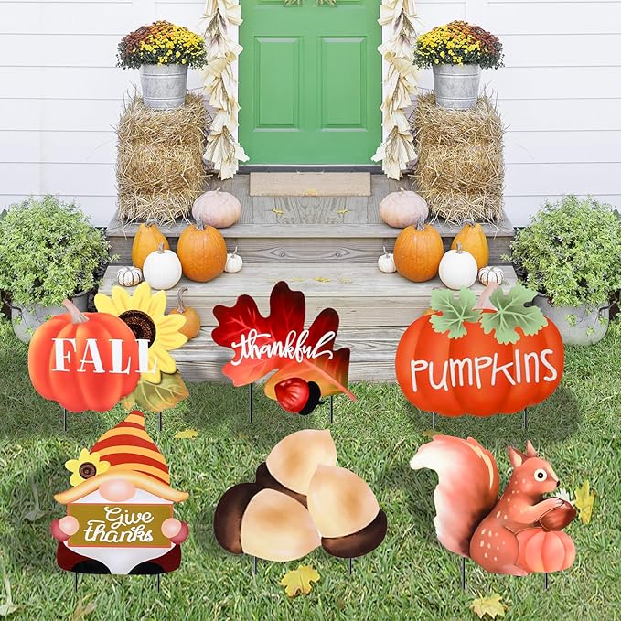 WONDER GARDEN Fall Yard Stakes Yard Signs, 6 PCS Metal Thanksgiving Garden Stakes with Pumpkin, Gnome, Maple Leaf, Chestnut and Squirrel for Harvest,Outdoor, Lawn,Farmhouse Decorations