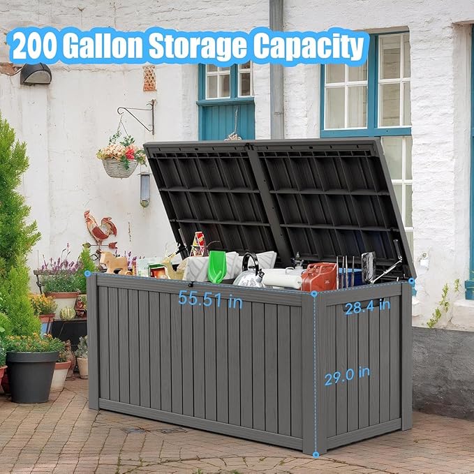 Vixzen 200 Gallon Resin Deck Box, Lockable Outdoor Storage Box for Patio Cushions Storage Furniture,Garden Tools, Pool Supplies, Weatherproof and UV Resistant- Black