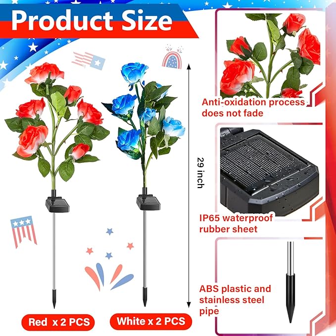 Woanger 4 Pcs Solar Flowers Cemetery Grave Decorations Outdoor LED Flower Lights with 6 Rose Powered Garden Stake Lights Waterproof for Independence Day Grave Decorations (Red, Blue)
