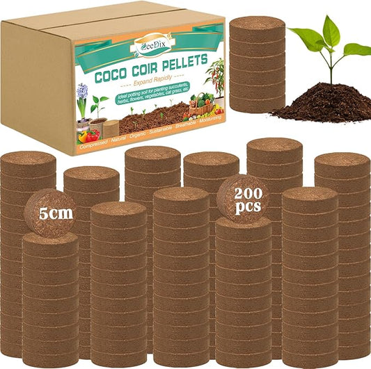 ZeeDix 200 Pcs (50mm) Compressed Coco Coir Fiber Potting Soil- Organic Coco Coir Pellet Fiber Soil for Planting Bonsai, Herbs, Plants, Flowers and Vegetables