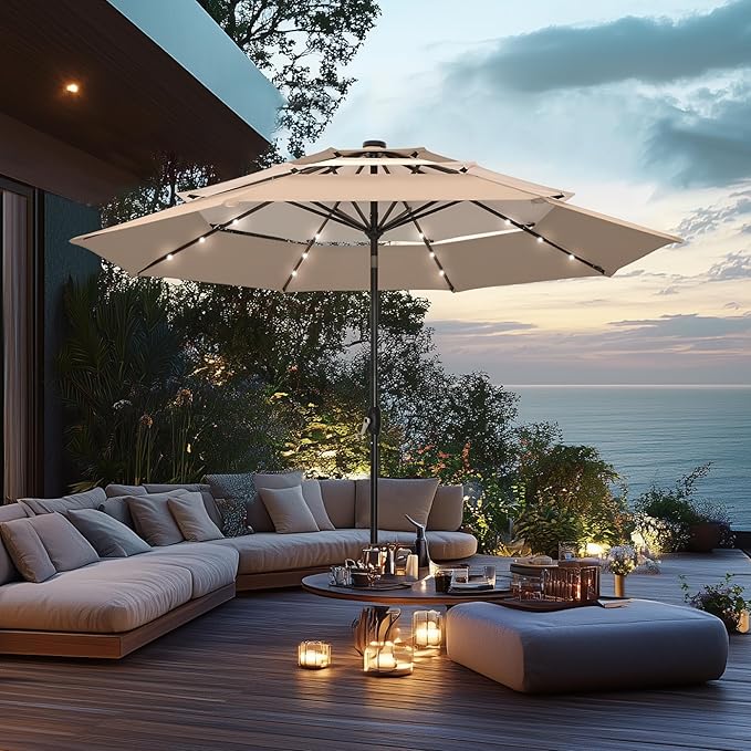 PHI VILLA 10ft Patio Umbrella with Solar Lights, Outdoor 3 Tier Vented Large Market Table Umbrella with 8 Sturdy Ribs and 1.5" Umbrellla Pole for Lawn Poolside Garden Terrace, Beige & Tan