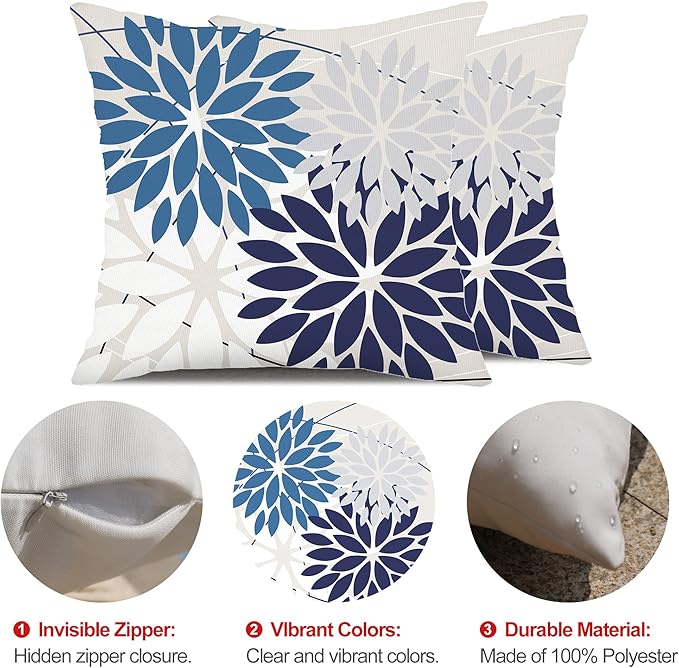 DFXSZ Outdoor Throw Pillow Covers 16x16 Inch Set of 2 Spring Summer Geometric Elegant Decorative Throw Pillows Blue Outdoor Waterproof Pillow Covers for Patio Funiture Garden Couch 158A16