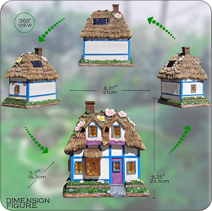 Resin Rustic Fairy Cottage Statues - M-Shaped Thatched Roof Garden Outdoor Decor with Solar Lights, Birthday Gifts for Women Mom Yard Decorations, Gardening Gifts for Patio, Balcony, Porch