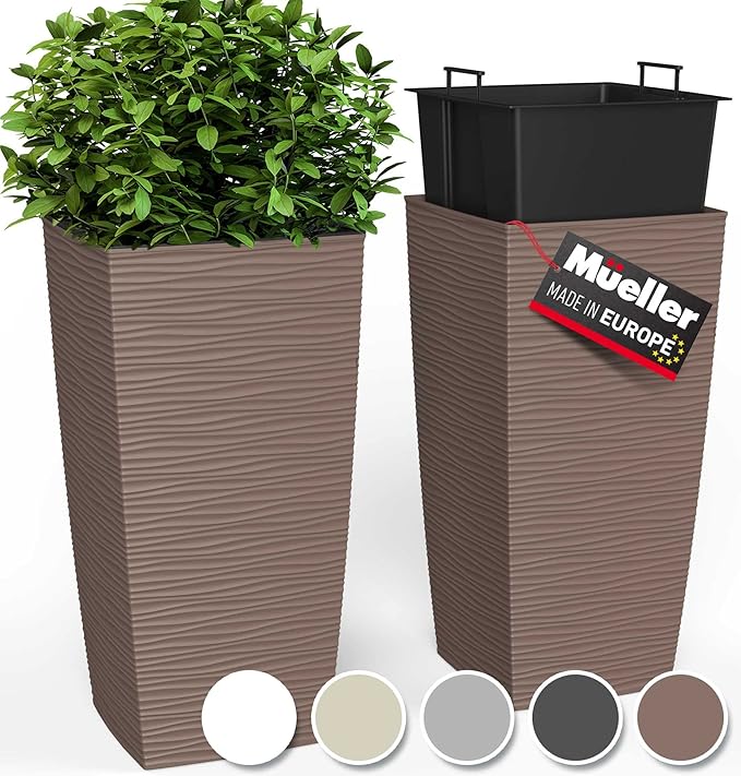 Mueller M-Resin Heavy Duty Tall Planter, Indoor/Outdoor Grande Plant, Tree, Flower Pot, 2-Piece Set, 27.5”, Modern Design, Built-in Drainage, Mocha