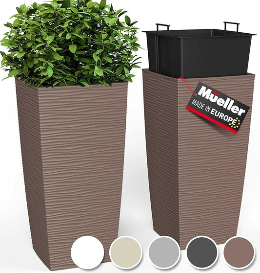 Mueller M-Resin Heavy Duty Tall Planter, Indoor/Outdoor Grande Plant, Tree, Flower Pot, 2-Piece Set, 27.5”, Modern Design, Built-in Drainage, Mocha