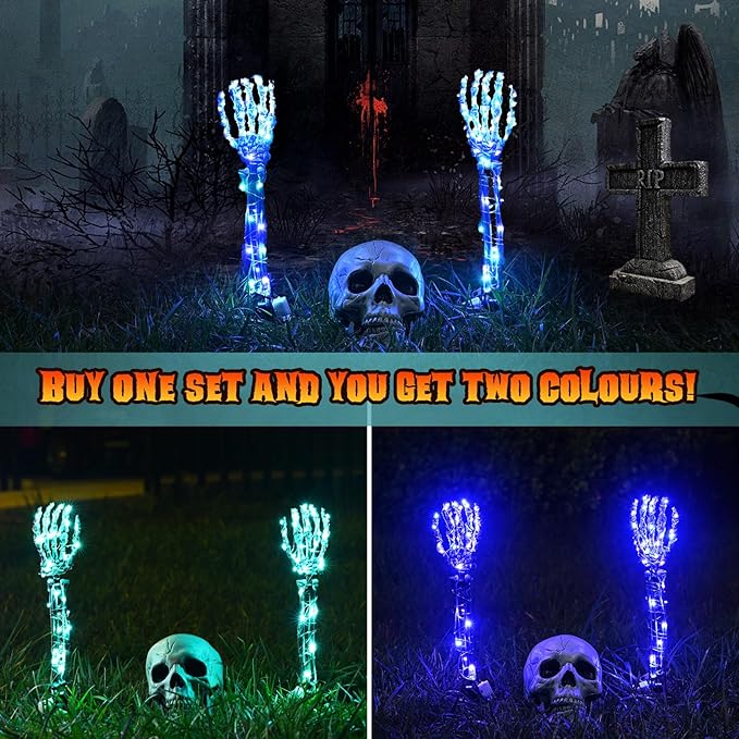 Halloween Lighted Skeleton Set, Skeleton Head & Arm Stakes with 2 Green 3 m LED Lights & 2 Purple 3 m LED Lights (3 Lighting Modes), Realistic Halloween Decor for Outdoor Garden Yard