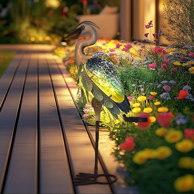 HONGLAND Solar Heron Metal Crane Statue Garden Heron Sculpture, Glass Outdoor Crane Yard Art Coastal Ocean Bird Decor 24 Inch Lawn Ornament for Backyard Porch Patio Decor(Green)