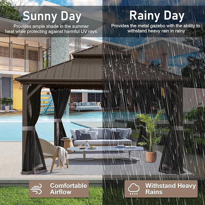 Domi Hardtop Gazebo 8x8FT, Aluminum Outdoor Gazebo with Galvanized Steel Double Roof Canopy, Curtains and Netting Included, Metal Gazebo Permanent Pavilion for Patio, Lawn, Garden, Brown