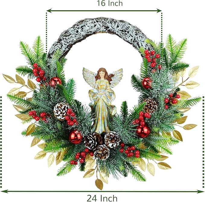 YULETIME 24" Angel Christmas Wreath, Artificial Holiday Wreath with Resin Angel Statue, Natural Rattan Ring & Pine Cones, Golden Leaves, Red Baubles, Spruce Branches, Snowy Pine Needles