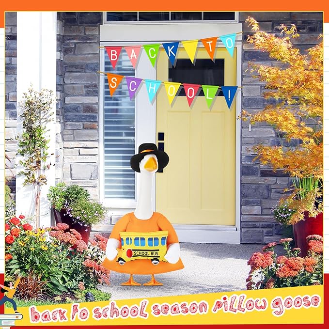 2 Pcs Porch Goose Outfit Halloween Geese Crayon Bus Teacher Cosplay Clothes for 23" Lawn Cement Goose Halloween Garden Patio Yard Outdoor Decorations(School Bus)