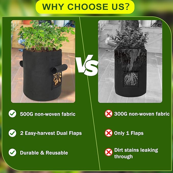2-Pack 15-Gallon Grow Bags with 2 Flaps and Reinforced Handles,Non-Woven Potato Grow Bags, Heavy-Duty Thickened Aeration Fabric Pots for Potatoes, Tomatoes, Flowers, and Vegetables