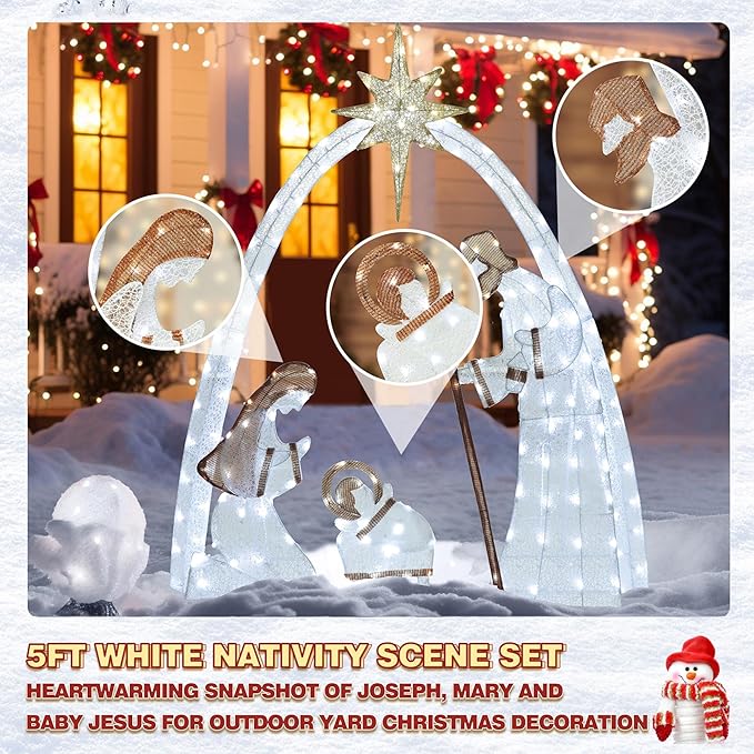 MUPATER Lighted Nativity Scene Outdoor Christmas Decoration, Christmas Holiday Yard Decor Nativity Set for Lawn, Yard Home Party with Lights, White