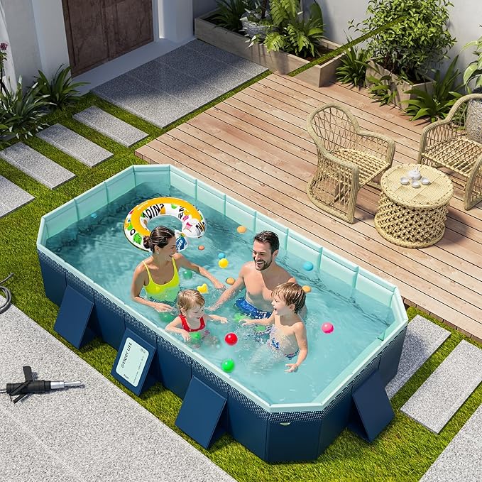 UPWELL Non Inflatable Outdoor Pool for Kids, Adults & Pets Foldable Hard Plastic Swim Tub with Quick Drain & Storage,Durable Splash Pool for Backyard Lawn Travel(113" x 66" x 20")