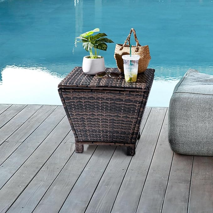VINGLI 13 Gallon Outdoor Deck Box, Wicker Outdoor Storage Box with Lid, Small Storage Bin Container for Outside and Patio, Patio Rattan Side Table for Yard Porch (Brown, Trapezoidal)