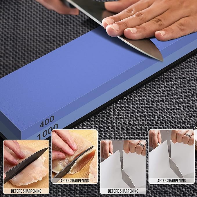 Knife Sharpening Stone Set - Premium 4 Side Grit 400/1000 3000/8000 Whetstone Sharpener Kit - Non-Slip Bamboo Base,Cut Resistant Gloves, Angle Guide,Flatting Stone,Honing Guide,Leather Strop