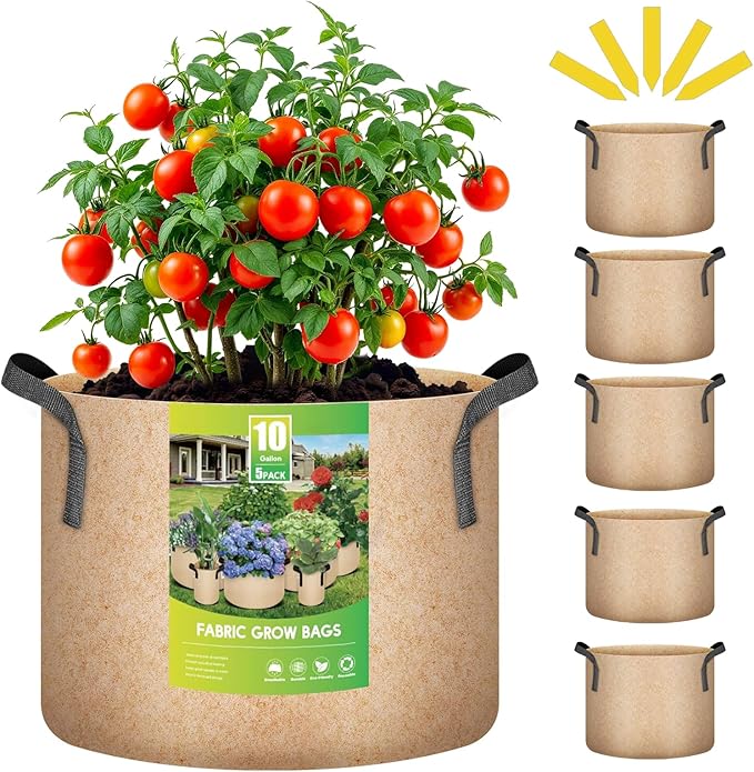 iPower 5 Pack 10 Gallon Grow Bags Heavy Duty 300G Thickened Nonwoven Fabric Plant Pots with 5 Labels & Handles for Outdoor Garden, Aeration Planter Bags for Fruits, Vegetables, Tomato & Flowers, Tan