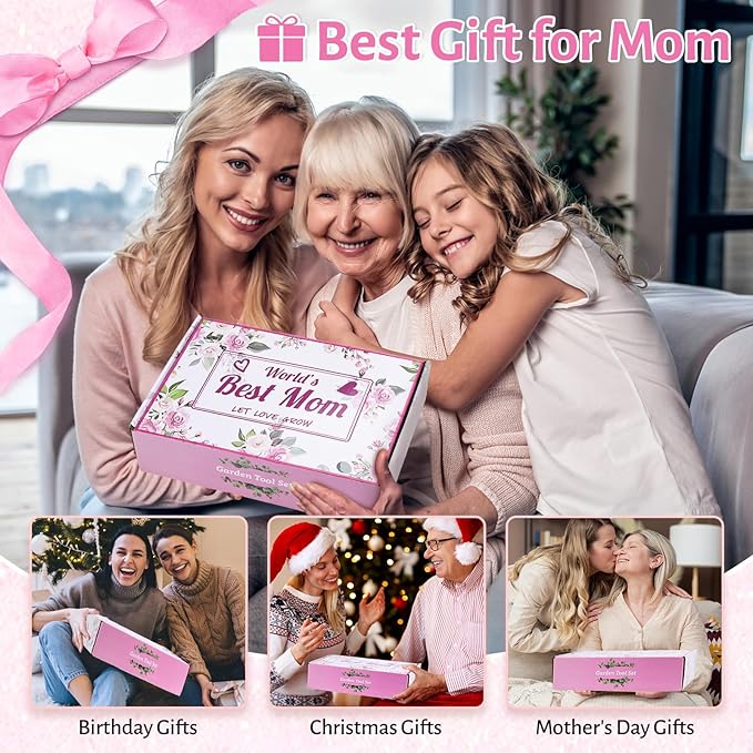 Gifts for Mom,7 Piece Womens Gardening Kit with Pink Gardening Tools,Straw Hat, Floral Gardening Apron and Gloves,Mothers Day Gardening Gifts for Mom Pink