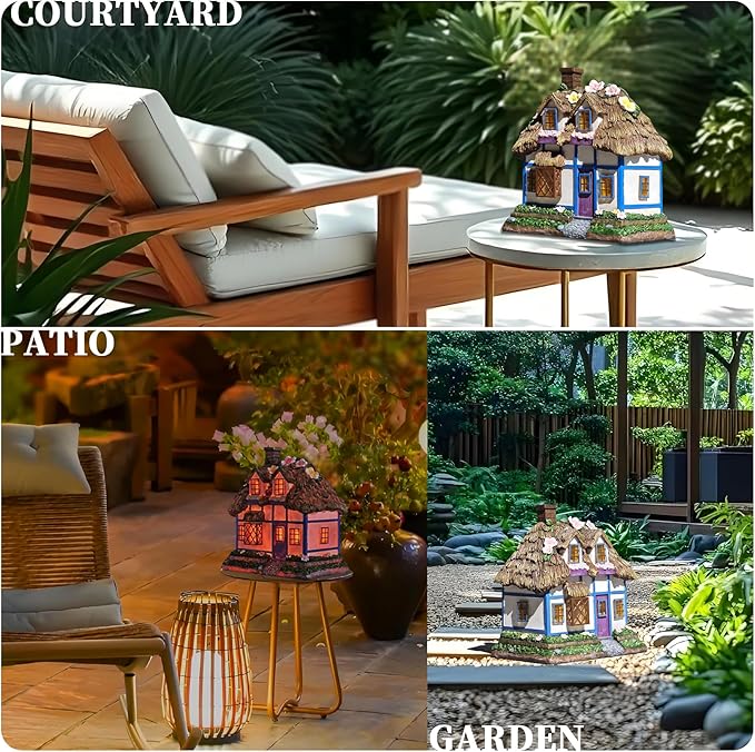 Resin Rustic Fairy Cottage Statues - M-Shaped Thatched Roof Garden Outdoor Decor with Solar Lights, Birthday Gifts for Women Mom Yard Decorations, Gardening Gifts for Patio, Balcony, Porch
