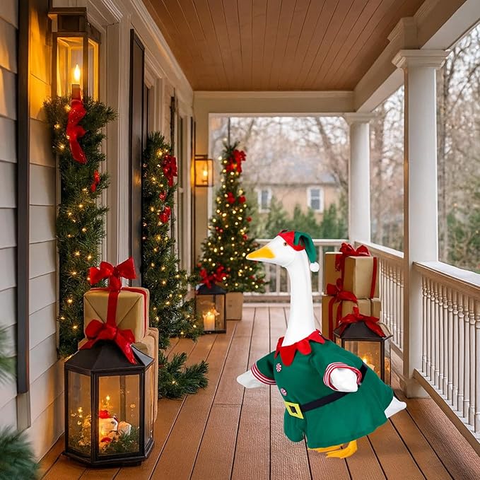 Christmas Porch Goose Outfits for 23 Inch Lawn Statue, Goose Costume for Plastic/Cement Statue Yard Patio Xmas Winter Decor
