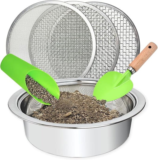 Soil Sifter for Gardening, Stainless Steel Sifting Pan Dirt Sifter, 9.5in Rock Sifter with 3 Sieve Mesh Filter Sizes (0.04",0.12",0.2")