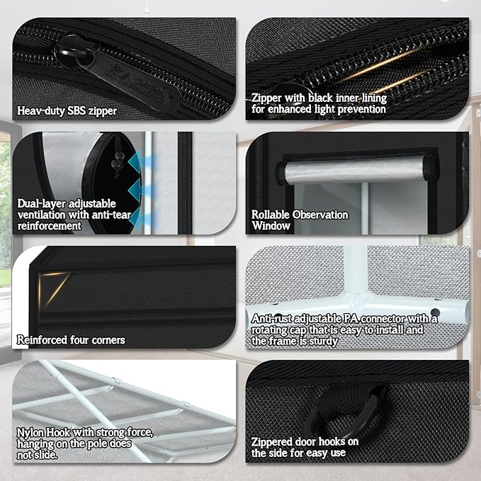 zazzy 4x8 Grow Tent, 96"x48"x72" Roof Cube Indoor Plant Grow Tents with Observation Windows, Lightproof Roof Cube Mylar Hydroponic Growing Tent with Floor Tray Plant Growth