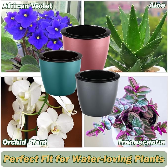 Planterhoma 6.7 Inch Self Watering Pots for Indoor Plants, 5 Packs African Violet Pots with Black Wick Pots, Self Watering Planters for Devil's Ivy, Indoor Plant Pots, Silver Gold