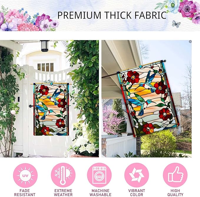 Spring Summer Hummingbird Garden Flag Glass Style Vertical Double Sided Rustic Farmland Burlap Yard Lawn Outdoor Decor 28x40"